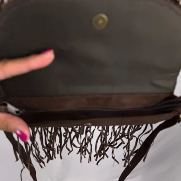 Boho Fringe Crossbody Bag Brown Suede Embroidered Floral Festival Hippie Purse - Picture 5 of 10